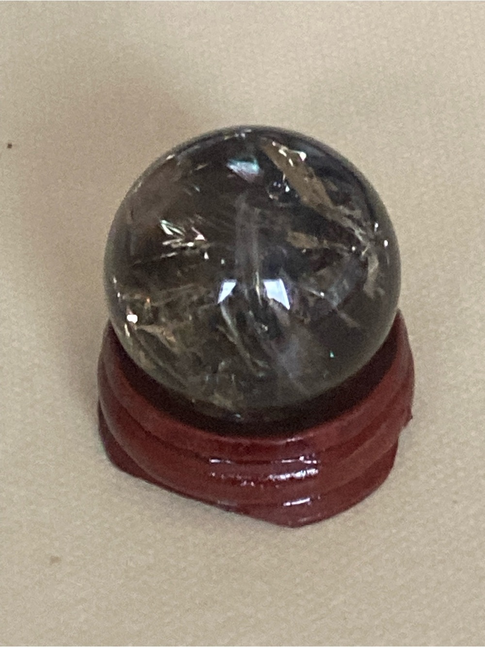 Smoky Quartz Crystal Sphere on Brown Wood Display Stand - Home Accents